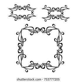 Decorative monograms and calligraphic borders. Template signage, logos, labels, stickers, cards. Graphic design page. Classic design elements for wedding invitations.