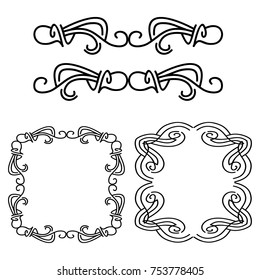 Decorative monograms and calligraphic borders. Template signage, logos, labels, stickers, cards. Graphic design page. Classic design elements for wedding invitations