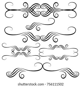 Decorative monograms and calligraphic borders. Template signage, logos, labels, stickers, cards. Graphic design page. Classic design elements for wedding invitations.