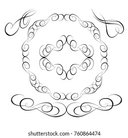  Decorative monograms and calligraphic borders. Template signage, logos, labels, stickers, cards. Graphic design page. Classic design elements for wedding invitations