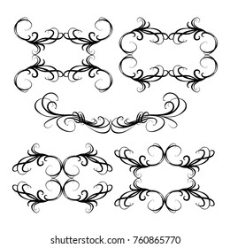 Decorative monograms and calligraphic borders. Template signage, logos, labels, stickers, cards. Graphic design page. Classic design elements for wedding invitations
