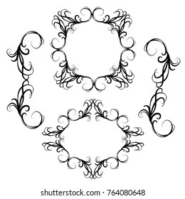  Decorative monograms and calligraphic borders. Template signage, logos, labels, stickers, cards. Graphic design page. Classic design elements for wedding invitations