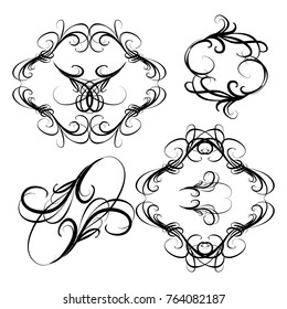 Decorative monograms and calligraphic borders. Template signage, logos, labels, stickers, cards. Graphic design page. Classic design elements for wedding invitations