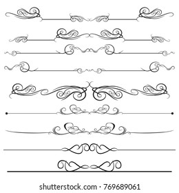 Decorative monograms and calligraphic borders. Template signage, logos, labels, stickers, cards. Graphic design page. Classic design elements for wedding invitations