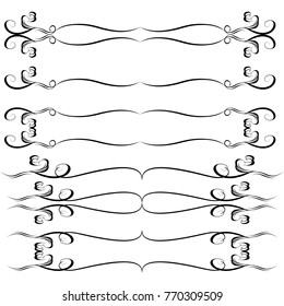 Decorative monograms and calligraphic borders. Template signage, logos, labels, stickers, cards. Graphic design page. Classic design elements for wedding invitations.