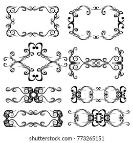 Decorative monograms and calligraphic borders. Template signage, logos, labels, stickers, cards. Graphic design page. Classic design elements for wedding invitations.