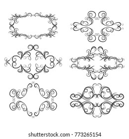 Decorative monograms and calligraphic borders. Template signage, logos, labels, stickers, cards. Graphic design page. Classic design elements for wedding invitations.