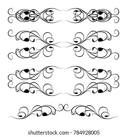 Decorative monograms and calligraphic borders. Template signage, logos, labels, stickers, cards. Graphic design page. Classic design elements for wedding invitations