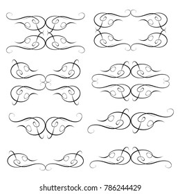 Decorative monograms and calligraphic borders. Template signage, logos, labels, stickers, cards. Graphic design page. Classic design elements for wedding invitations