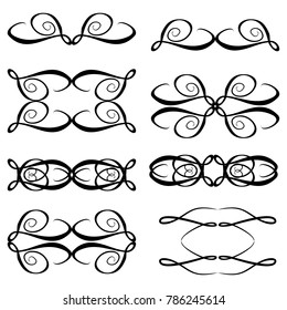 Decorative monograms and calligraphic borders. Template signage, logos, labels, stickers, cards. Graphic design page. Classic design elements for wedding invitations