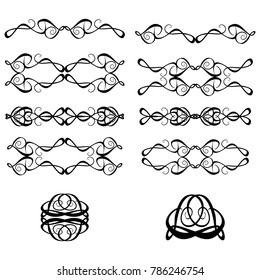 Decorative monograms and calligraphic borders. Template signage, logos, labels, stickers, cards. Graphic design page. Classic design elements for wedding invitations.