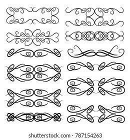 Decorative monograms and calligraphic borders. Template signage, logos, labels, stickers, cards. Graphic design page. Classic design elements for wedding invitations.