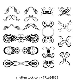 Decorative monograms and calligraphic borders. Template signage, logos, labels, stickers, cards. Graphic design page. Classic design elements for wedding invitations