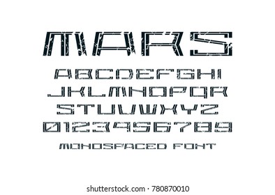 Decorative monospaced sans serif font. Letters and numbers with rough texture for logo and title design. Black print on white background