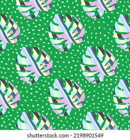 Siluetas de monastera decorativas sin costura. Papel tapizado de hojas de palma exóticas. Fondo botánico interminable. Fondo para el diseño de tela, impresión textil, envoltura, cubierta. Ilustración del vector