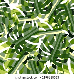 Dekorative Monstera-Silhouetten sind nahtlose Muster. Exotische Palmen hinterlassen Tapeten. Botanischer, endloser Hintergrund. Hintergrund für Stoffdesign, Stoffdruck, Umhüllung, Abdeckung. Vektorgrafik
