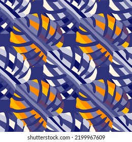 Decorative monstera silhouettes seamless pattern. Exotic palm leaves wallpaper. Botanical endless background. Backdrop for fabric design, textile print, wrapping, cover. Vector illustration