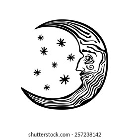 Decorative moon shape on the night sky folklore retro vintage art