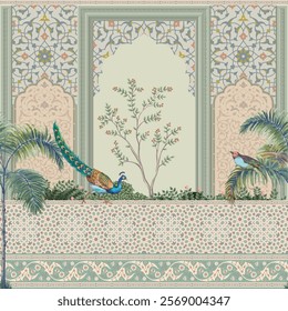 Decorative Moroccan garden with peacock, bird, palm tree, flower plant seamless pattern wallpaper