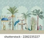 Decorative Moroccan pattern with palm tree, plant, bird, peacock illustration for wallpaper. Chinoiseries design