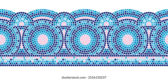 Decorative mosaic border with circular pattern. Frame with turquoise, blue and pink squares tiles in radial and wave design. Realistic 3d vector swimming pool edges or home bathroom surface decor.