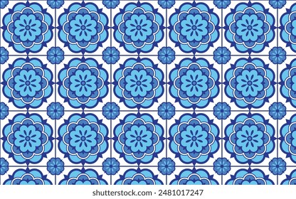 Decorative mosaic flowe blue color seamless pattern vector.