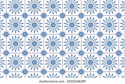 Decorative mosaic flower blue color seamless pattern.