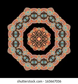 Decorative mosaic orange - turquoise rosette - mandala on black background, oriental style