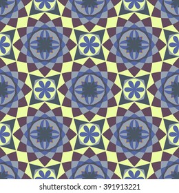 Decorative mosaic seamless pattern. Endless print with brown, blue and violet geometric ornaments on yellow background. Colorful repeating artistic backdrop. For cloth design, wallpaper or wrapping