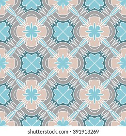 Decorative mosaic seamless pattern. Endless print with blue, pink and grey geometric ornaments. Colorful repeating artistic backdrop with stylized flowers. Cloth design, covers, wallpaper or wrapping
