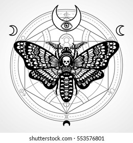 Decorative moth Dead Head. Mystical circle.Esoteric symbol, sacred geometry. Sign of the moon. Monochrome drawing isolated on a grey background. Vector illustration. Print, posters, t-shirt, textiles.