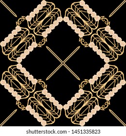 Decorative motif, frames, borders. Seamless pattern, background. Colored vector illustration. In art nouveau style, vintage, old, retro style. In vintage beige colors. Isolated on black background.	