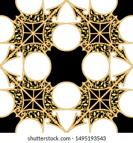 Decorative motif, frames, borders. Seamless pattern, background. Colored vector illustration. In art nouveau style, vintage, old, retro style. In vintage beige colors. Isolated on black background.	