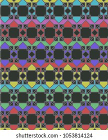 Decorative mottled geometric pattern. Ethnic theme. Home decor, comfort, design. Difficult bands on a dark background. Vector image. Angular contours. Squares, timbres and lines.