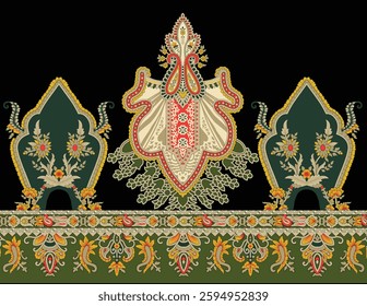 Decorative Mughal art embroidery pattern with floral and paisley motifs, for textile, wallpaper, gift wrapping, print