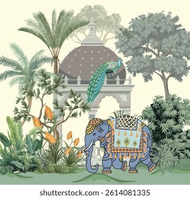 Decorative mughal elephant in a garden, Mughal Wallpaper, Mughal Wedding, Indian Wedding.