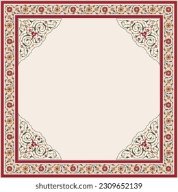 Decorative Mughal ethnic motif, fantasy flowers in retro, vintage vector illustration for wedding invitation border