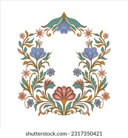 Decorative mughal ornamental frame for design. Vintage traditional ethno style with flowers and foliage. Vector illustration.