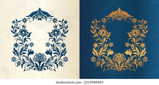 Decorative mughal ornamental frame for design. Vintage traditional ethno style with flowers and foliage. Vector illustration.