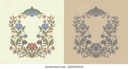 Decorative mughal ornamental frame for design. Vintage traditional ethno style with flowers and foliage. Vector illustration.