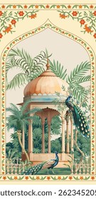 Decorative mughal wedding invitation wallpaper pattern illustration. Luxury Mughal Architecture Floral Wall Mural.