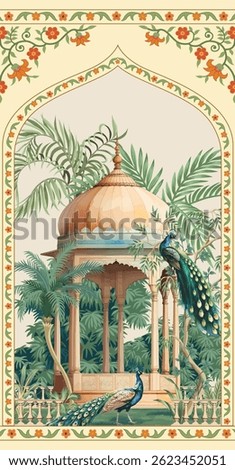 Decorative mughal wedding invitation wallpaper pattern illustration. Luxury Mughal Architecture Floral Wall Mural.