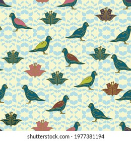 Decorative multicolor birds with butterflies repeat vector pattern arranged on a lace effect blue and cream backdrop