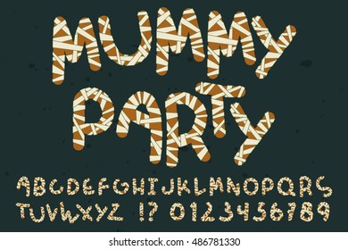 Decorative mummy alphabet set. Wrapped letters, numbers, exclamation and question mark. Orange elements with dirty white bandage isolated on dark background. Halloween party decor and invitation cards