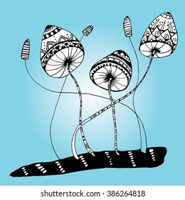 Decorative mushroom. Stylized mushrooms. Line art. Black and white drawing by hand. Graphic arts. Abstract plants. Zentangle.