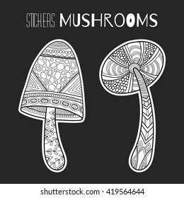 Decorative mushrooms. Black, white stickers isolated for coloring book