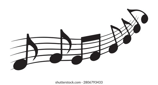 Decorative music sheet elements. Curved five line staff with various black notes. Dynamic melodic motion illustration.