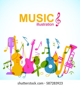 Decorative Musical Abstract Background With Colorful Music Instruments Stage Microphone And Notes Silhouettes Vector Illustration