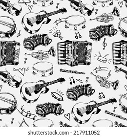 Decorative musical store wrapping paper seamless pattern with classical strings percussion jazz instruments doodle sketches vector illustration