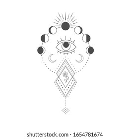 Decorative mystery design with Moon and Eye. Tattoo or t-shirt print. Magic logo illustration.